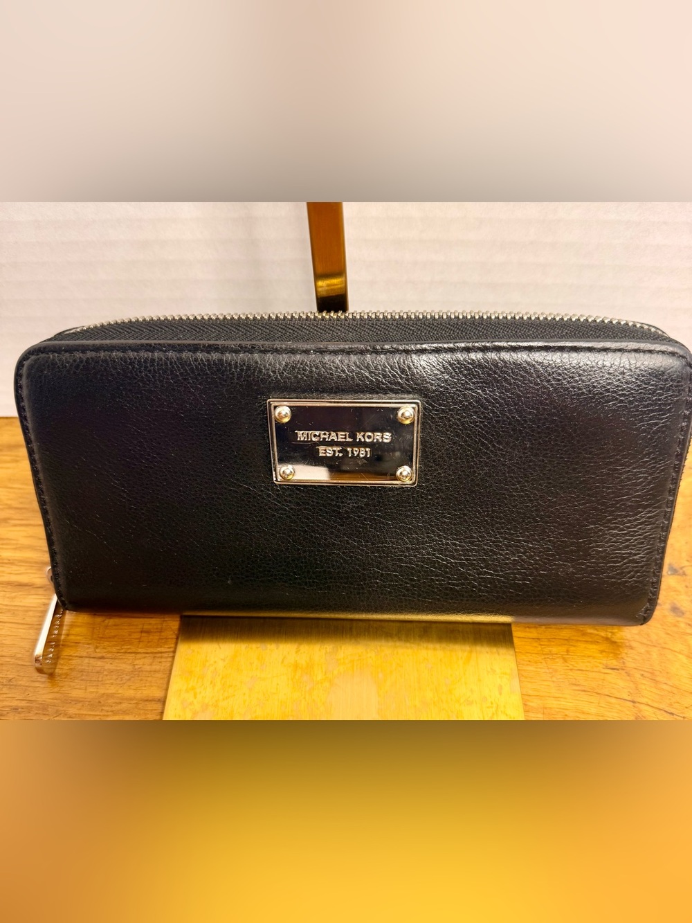 Michael Kors Black Pebbled Leather Zip Around Continental Wallet Gold Hardware